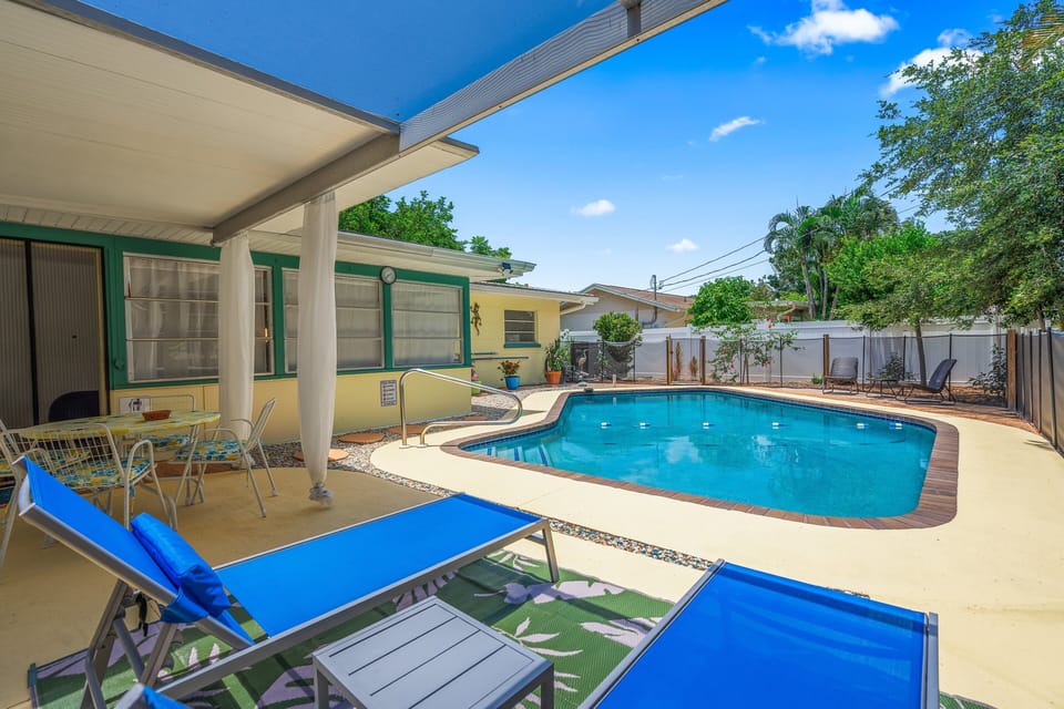 Very private heated saltwater pool with a 6' deep end!
