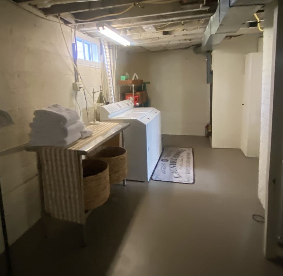 Basement laundry area with washing machine and drier.
