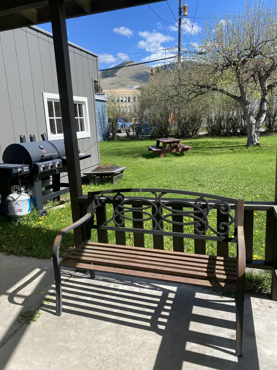 Backyard with picnic table and new grill.