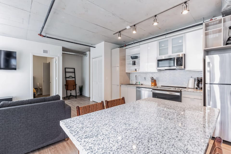 counter seating for two and not pictured is a dining table for 4.