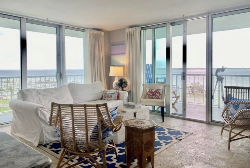 Relax in a coastal living space overlooking the bay.