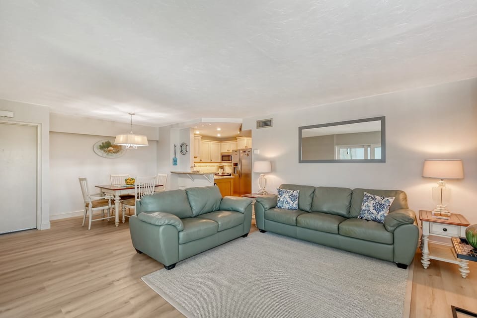 Spacious living room combines with dining area right off the kitchen