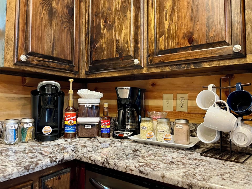 Coffees, teas, cocoa, syrups and toppings are ready for you to enjoy