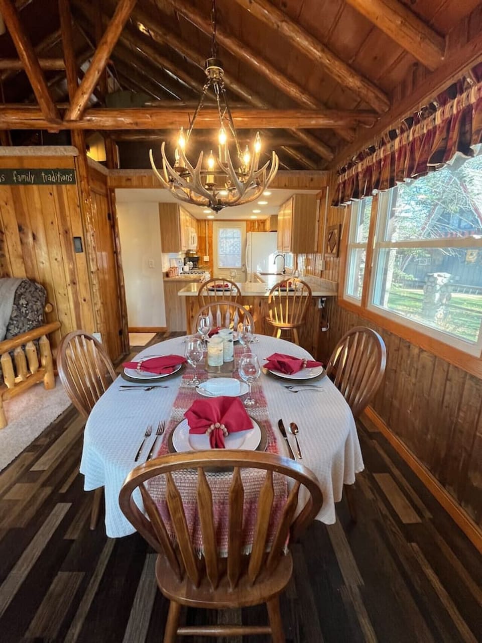 Dining for six, plus breakfast bar seating for two.