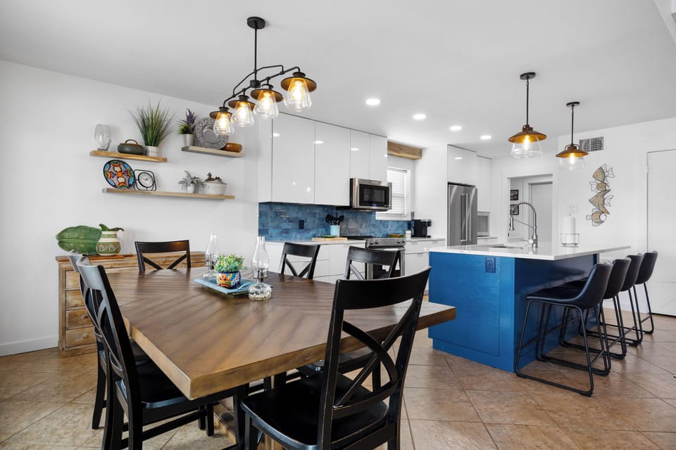 Open concept dining and kitchen space with new updates and features