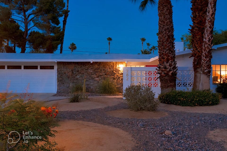 Front of the home at dusk.