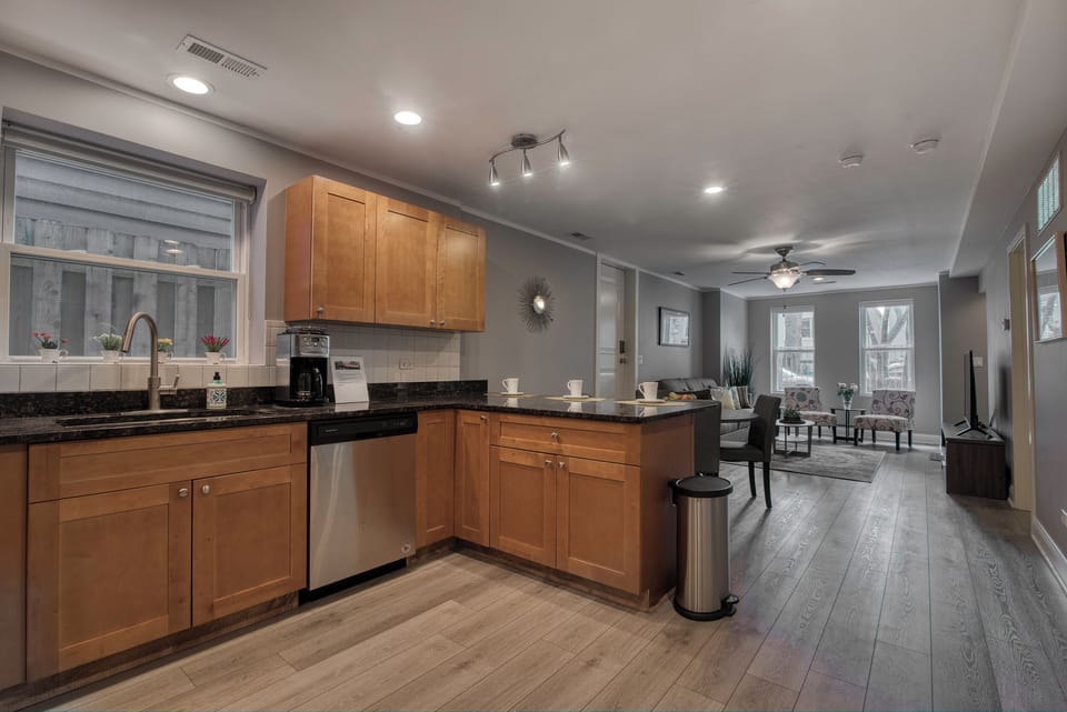 The view of kitchen and living area