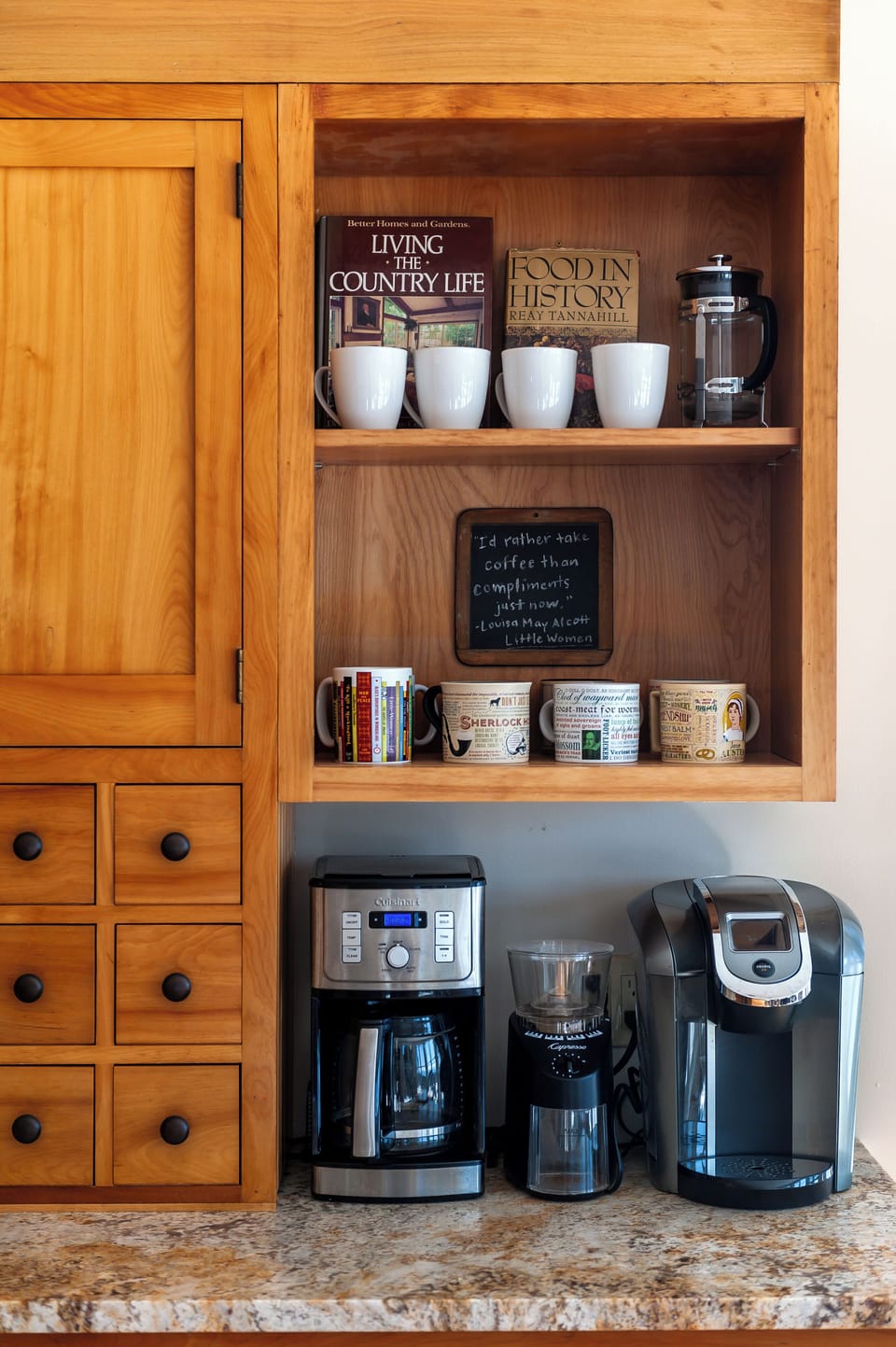 The coffee bar- coffee maker, French press, Keurig, bean grinder, beans, K cups