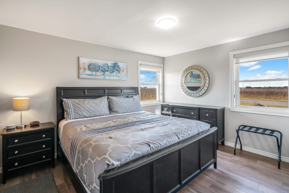 Main level bedroom w/ king bed, clean linens, bedside lighting, closet, dresser