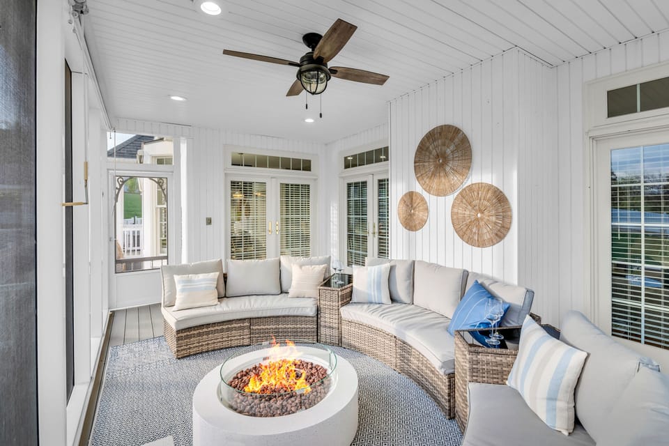 Enjoy a cozy night with the fire pit with in our screened porch. 