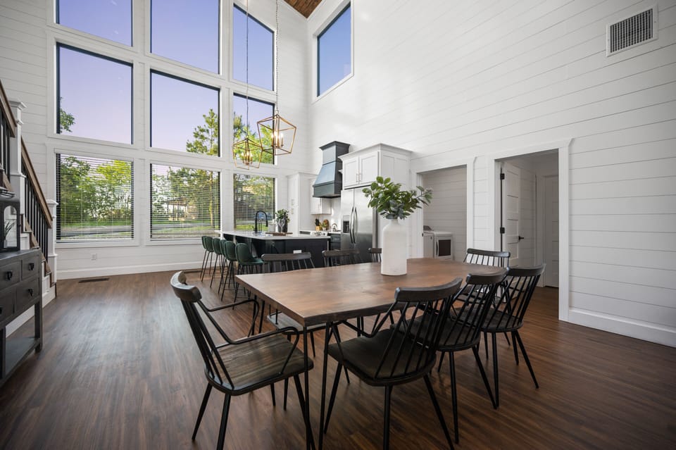 The dining table seats 8 so all 14 guests can enjoy the space together!