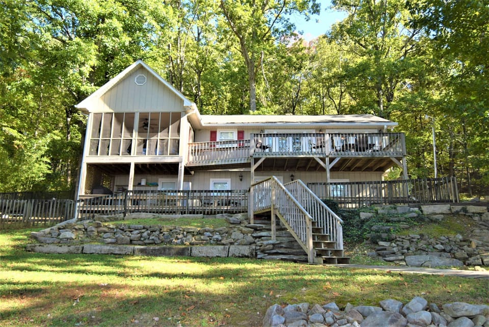 Two story house. Great views of the lake from the living area, master bedroom.