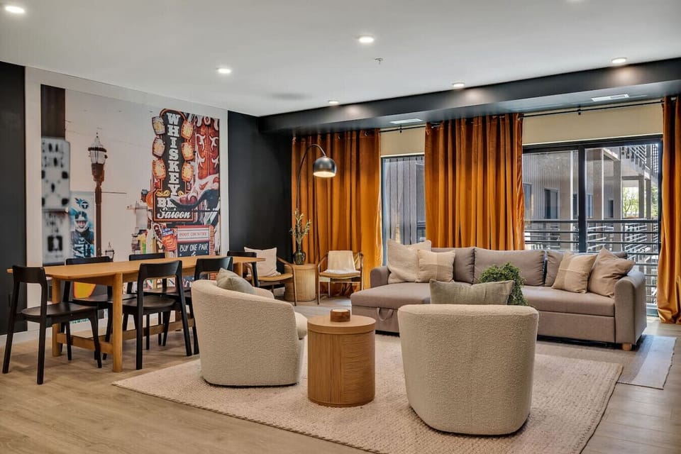 Open concept living/dining/kitchen areas with sleeper sofa