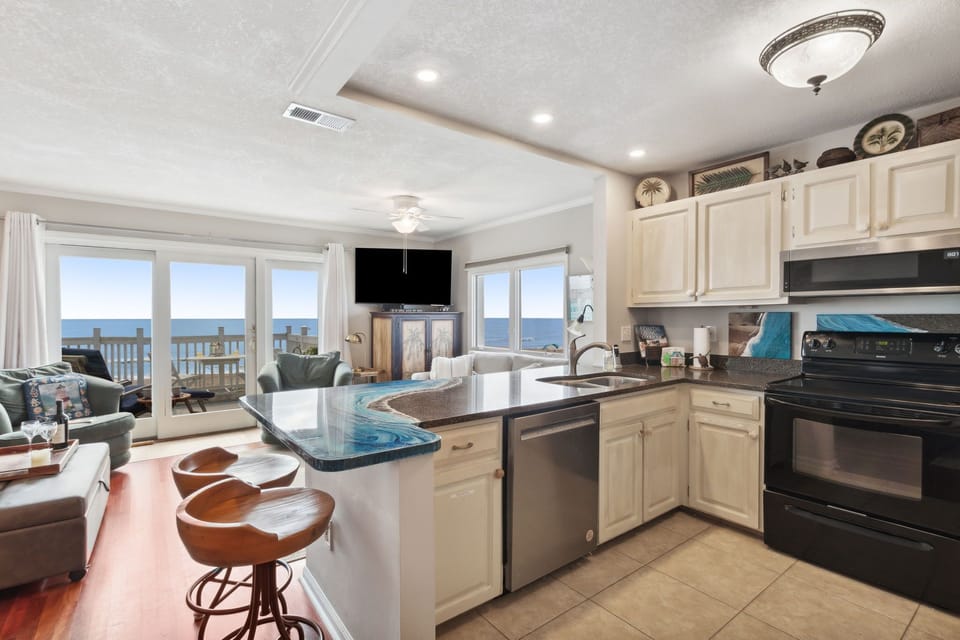 Sunny Kitchen with Amazing Ocean Views and Counter Seating for Two