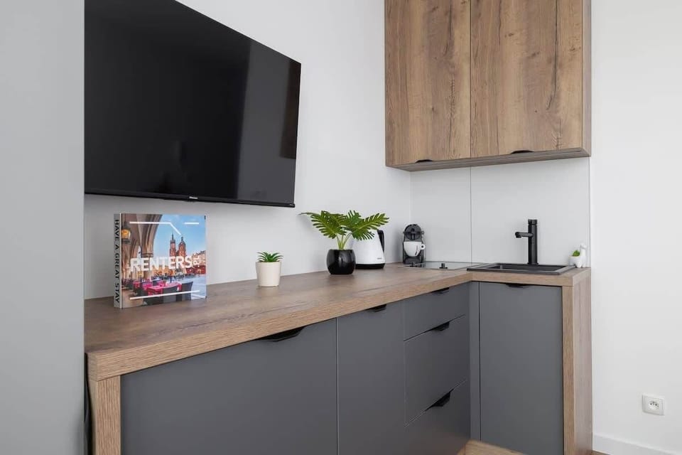 TV in the studio and fully equipped kitchenette with electric hob, fridge, electric kettle and coffee maker (for capsules).