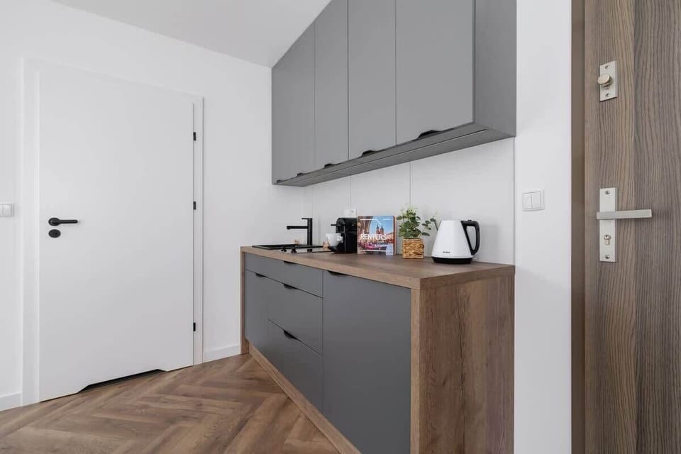 A kitchen corner in a studio apartment with sleek grey cabinetry and modern appliances.