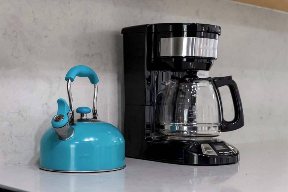 Start your day with our handy tea kettle and coffee pot. We’ve provided coffee and sugar to kick off your morning routine.