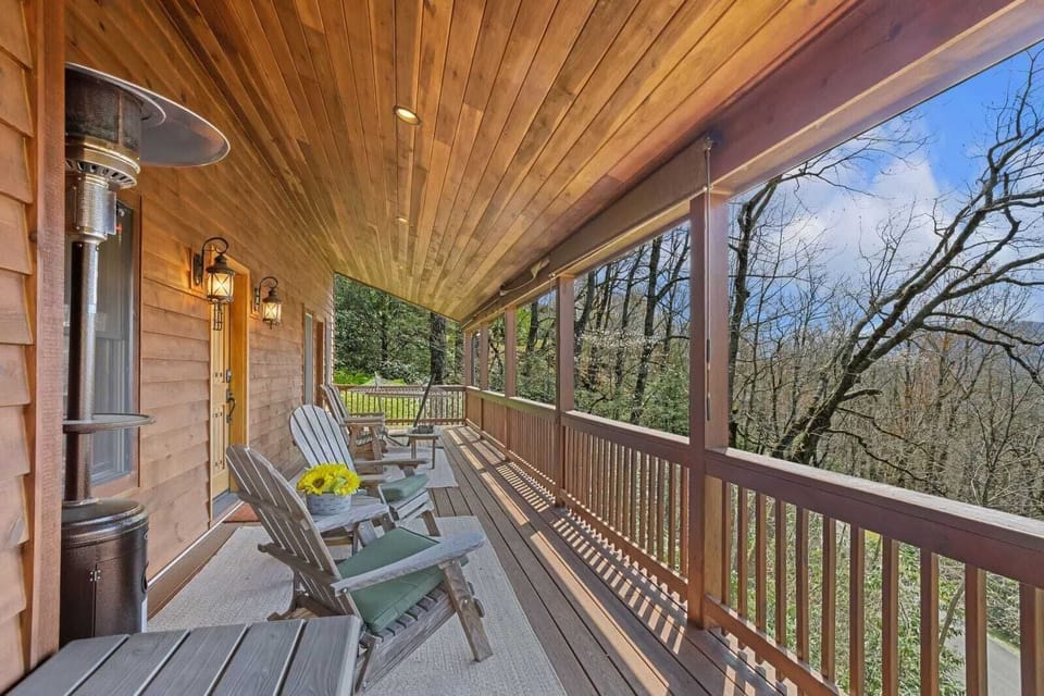 Covered Deck with Comfortable Seating to Enjoy the Mountain Air