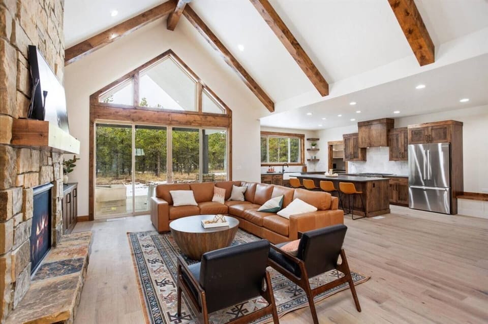 Cozy living room with a warm, glowing fireplace