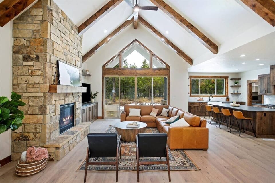 Cozy living room with a warm, glowing fireplace
