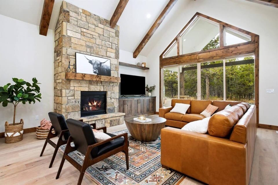 Cozy living room with a warm, glowing fireplace