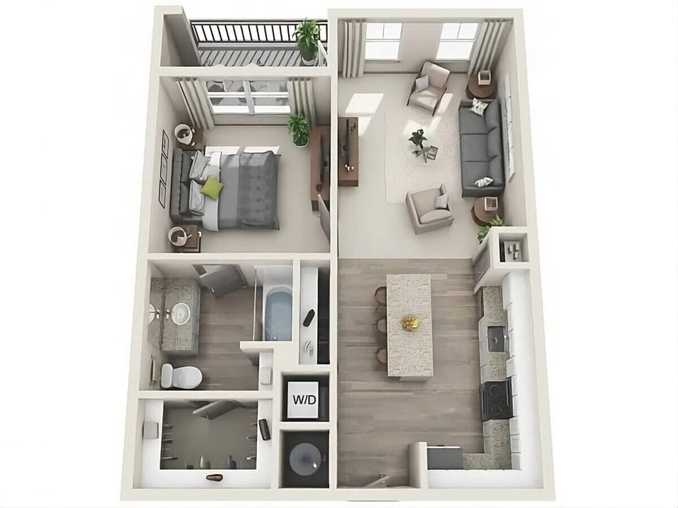 Digitally Staged Floorplan of the 750sqft home. Actual home is Mirror`d version of this layout.