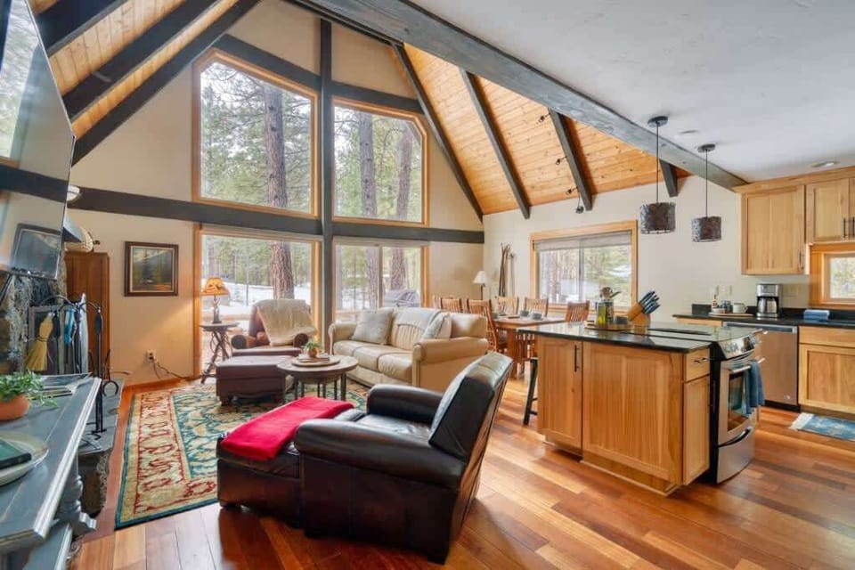 The view from the kitchen looking at the living and dining areas.