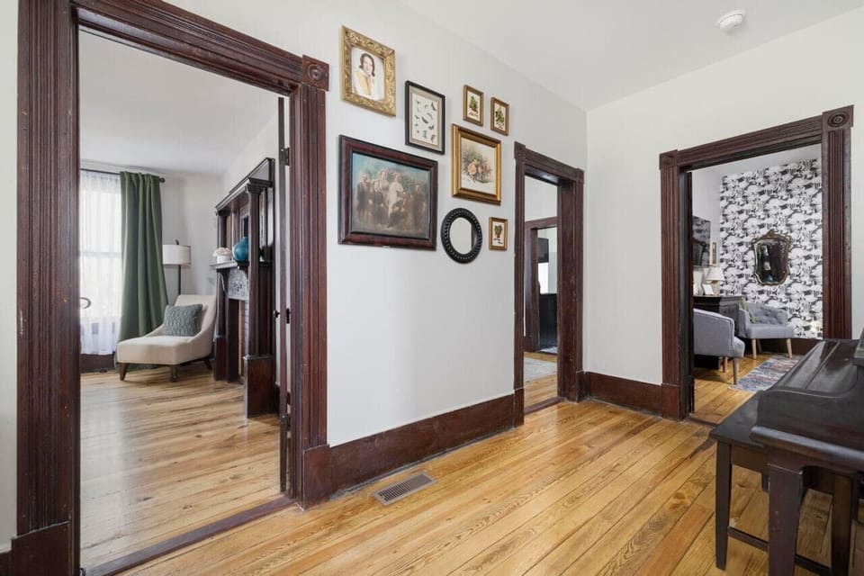 The front entrance welcomes you with its nostalgic charm, setting the tone for your stay in this beautifully restored home.