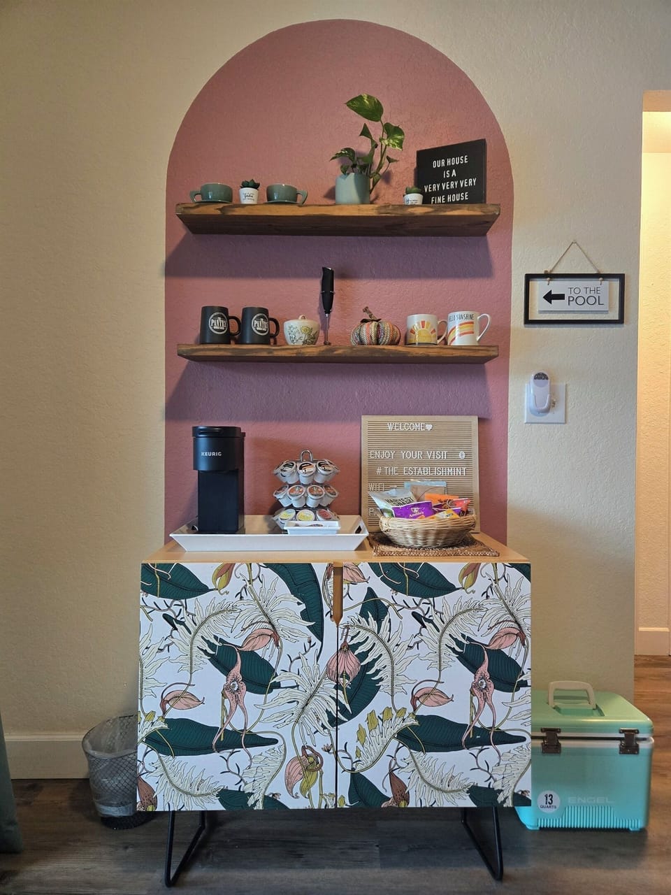 Coffee & Tea Bar with Keurig, variety of k-cups, tea, s & c, mugs, snacks. 