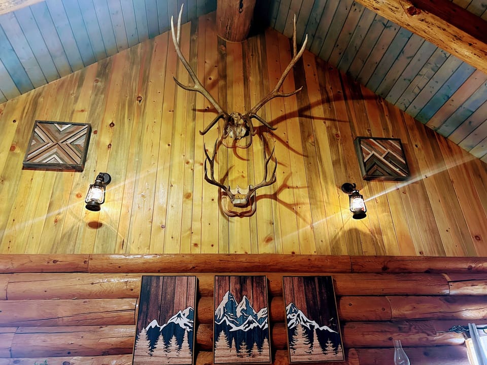 An elk and deer rack harvested by the previous owners near the cabin.