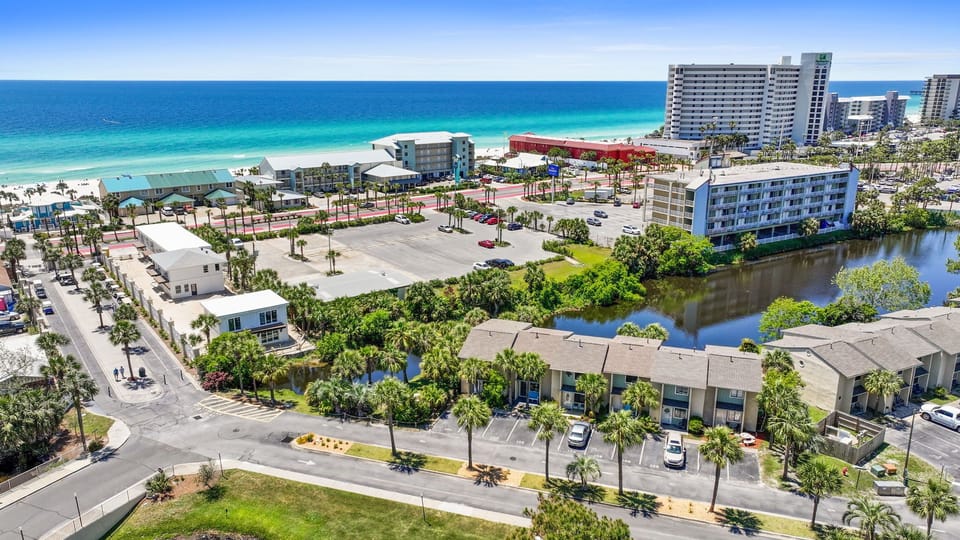 Aerial view of the townhome to the beach