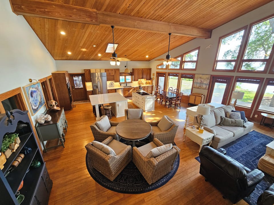 Open living room, kitchen, dining and game table
