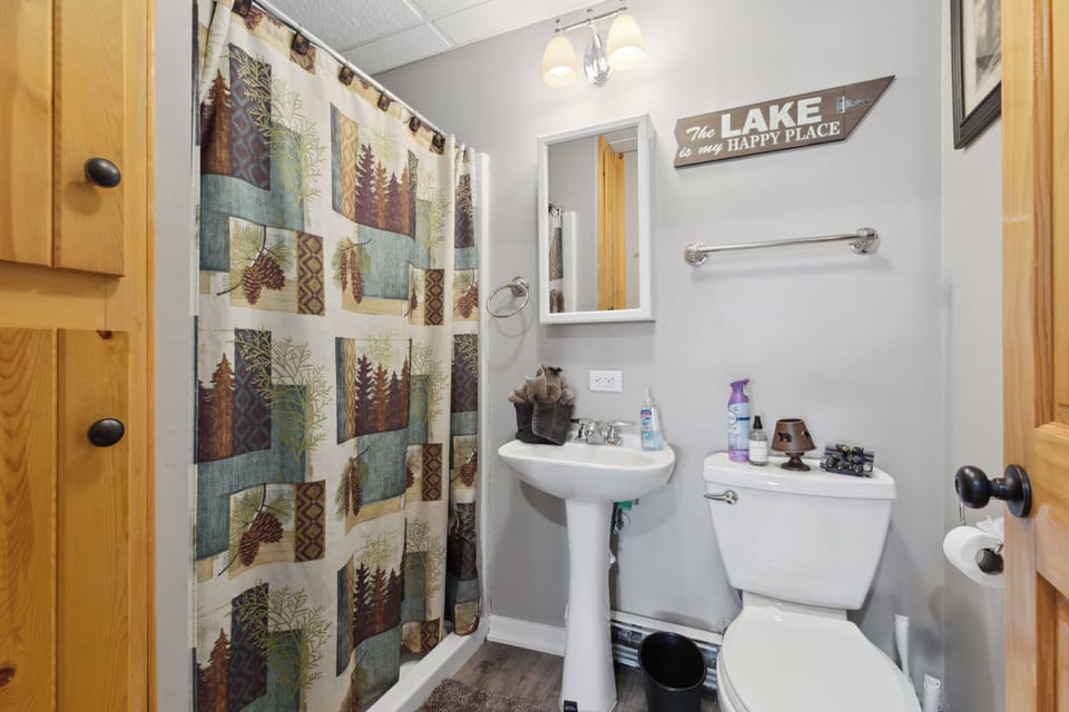 Basement bathroom with a walk-in shower.