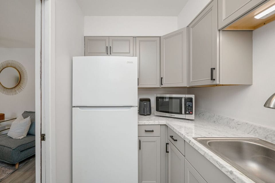 The kitchen is equipped with a refrigerator to keep your food fresh.