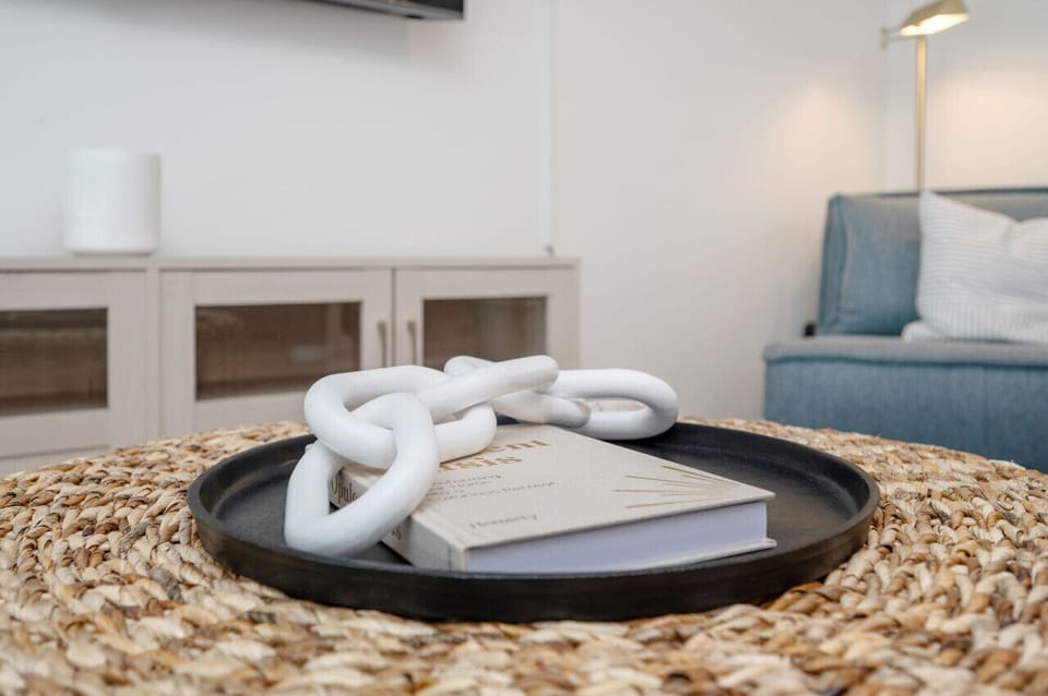 Rattan coffee table in the living area.
