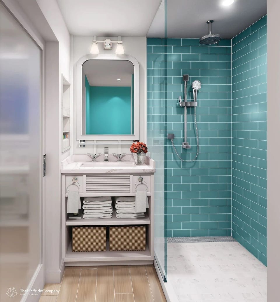 Enjoy a bright, spotless bathroom stocked for easy routines.