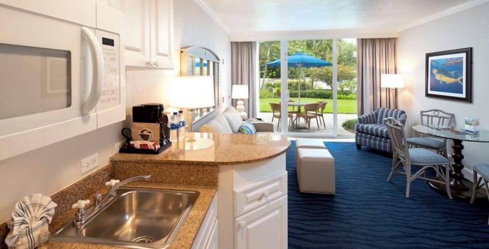 Prepare easy meals, then unwind by the garden patio.