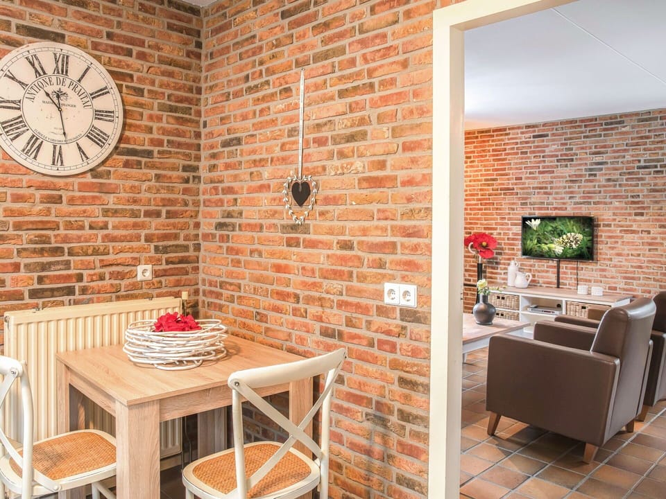 Table, Furniture, Plant, Orange, Wood, Chair, Brick, Brickwork, Interior Design, Clock