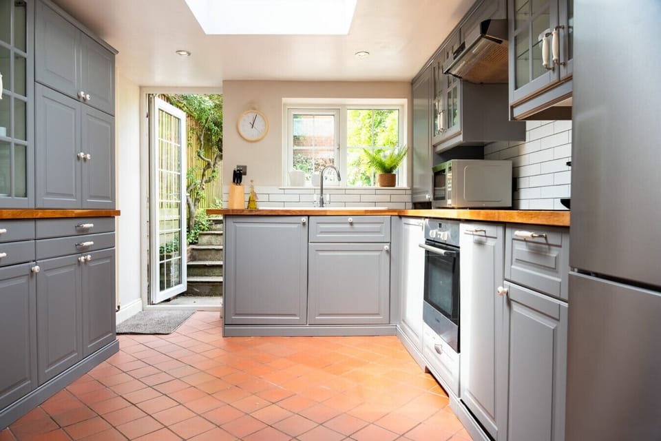 Spacious kitchen with courtyard views