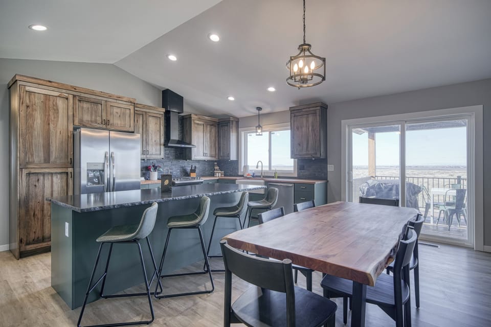 kitchen with dining table and counter seating