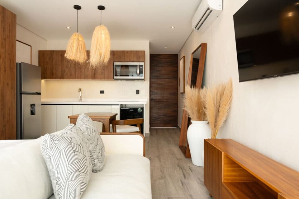 Cozy studio with kitchen, sofa, and natural decor.