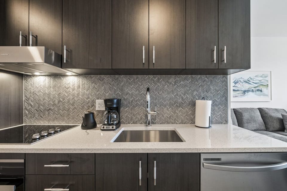 Modern kitchen with cabinet space and coffee maker