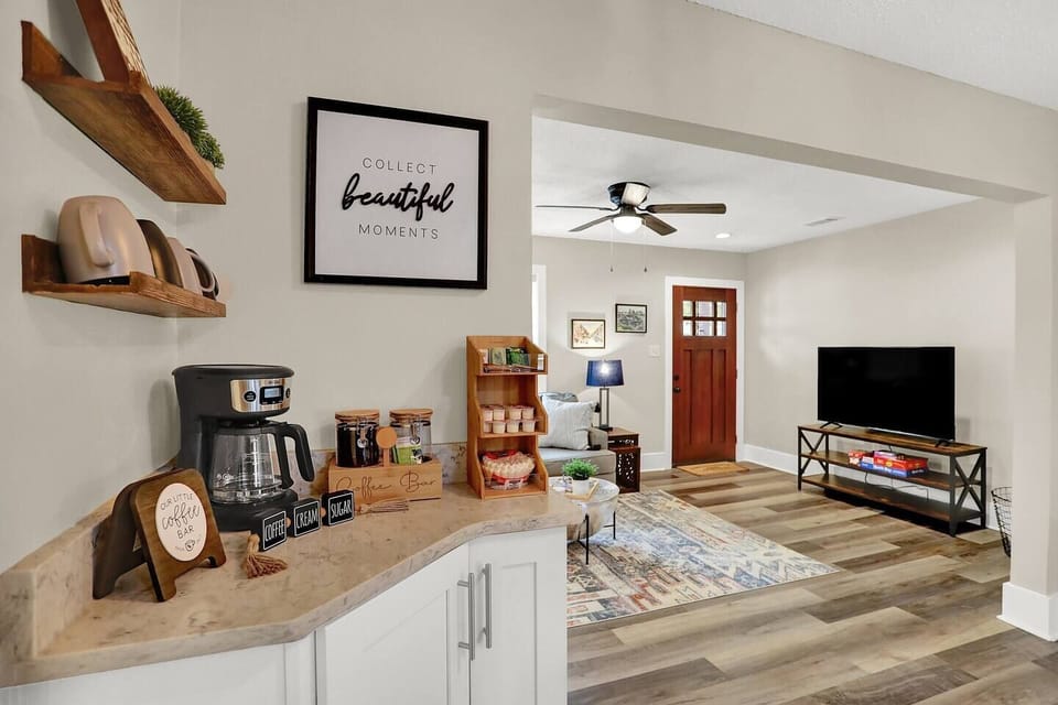 Coffee bar with coffee and creamer provided. 