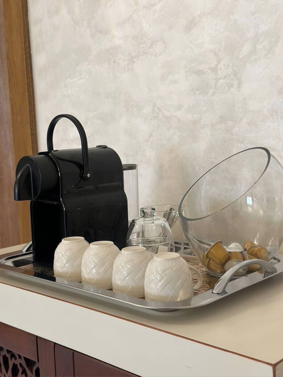 New Nespresso machine with pods provided.