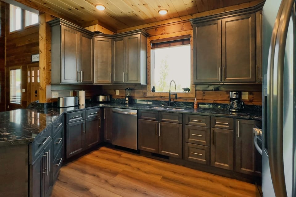 Fully stocked kitchen to stay in and cook together.  Stainless steel appliances.