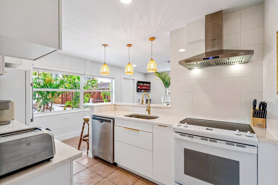 The kitchen overlooking the living room.