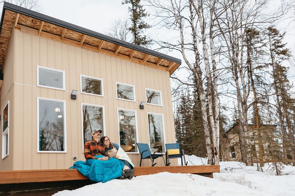 Experience serene winter bliss at our Shed-Style Cabin. Nestled among snow-covered trees, find peace and tranquility away from the bustle of everyday life.