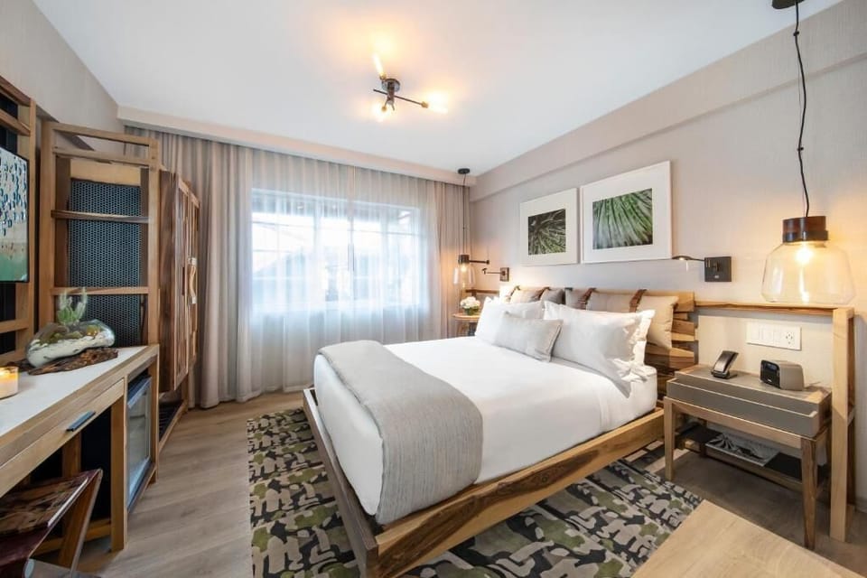 Sink into a sunlit king bed with warm, modern touches.