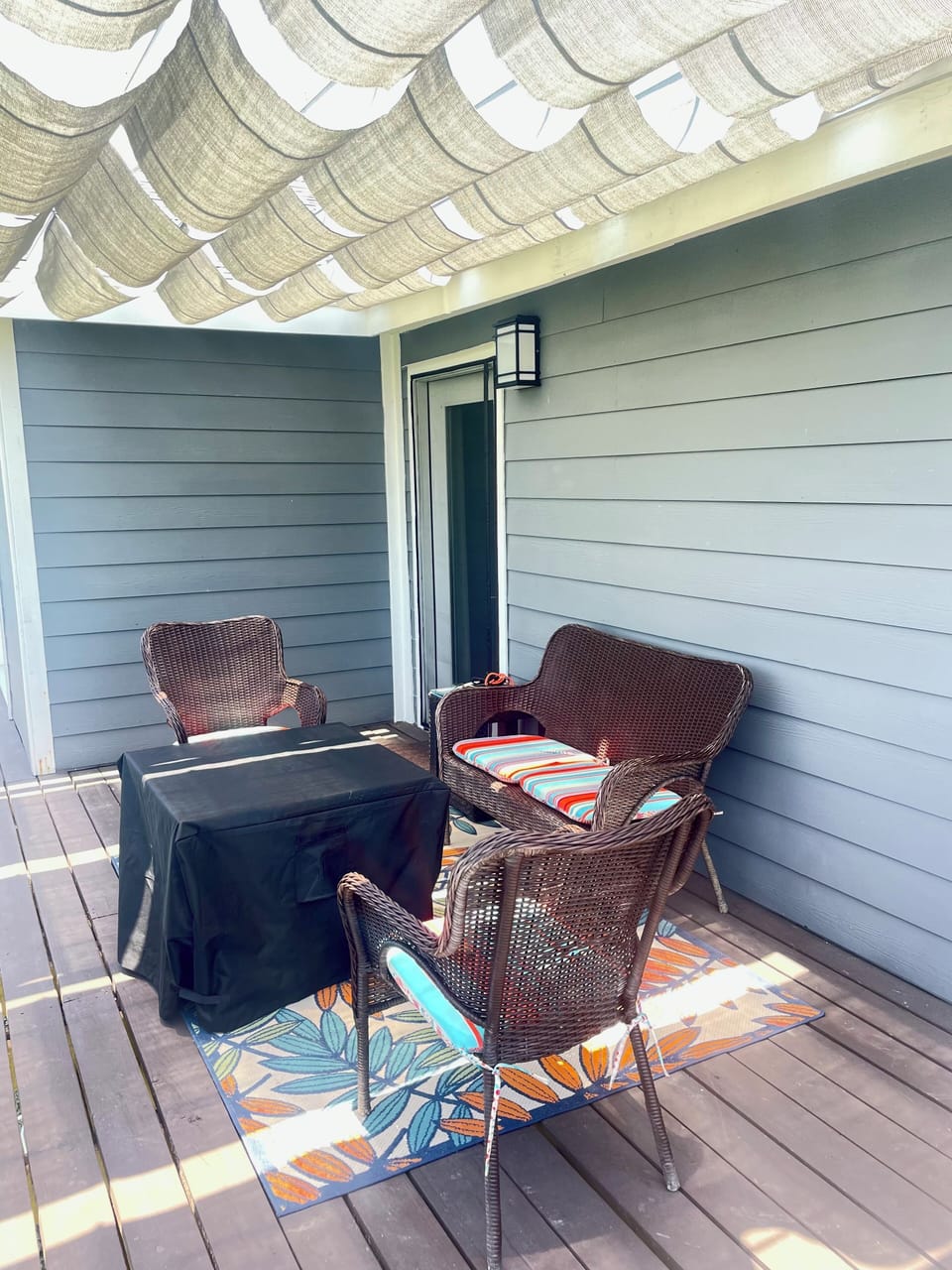 side upper deck with propane firepit