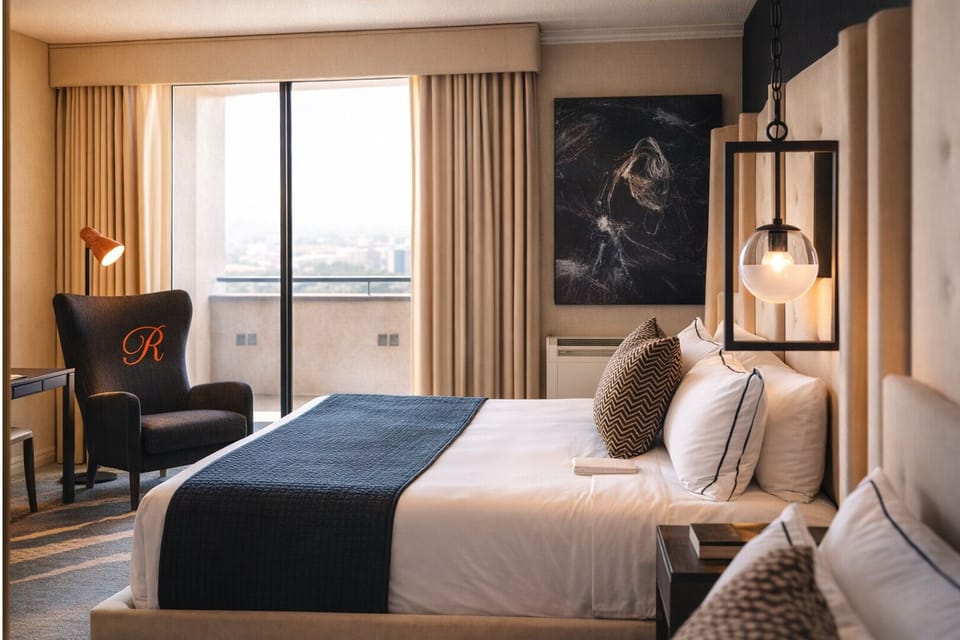 Unwind in a sunlit bedroom with serene balcony views.